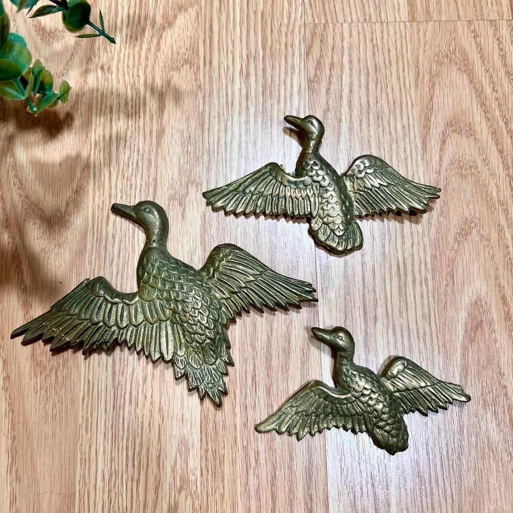 Vintage Flying Brass Ducks Wall Decor | Set of 3